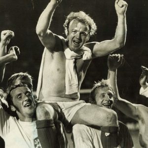 Billy Bremner is carried shoulder high after victory against the Czechs